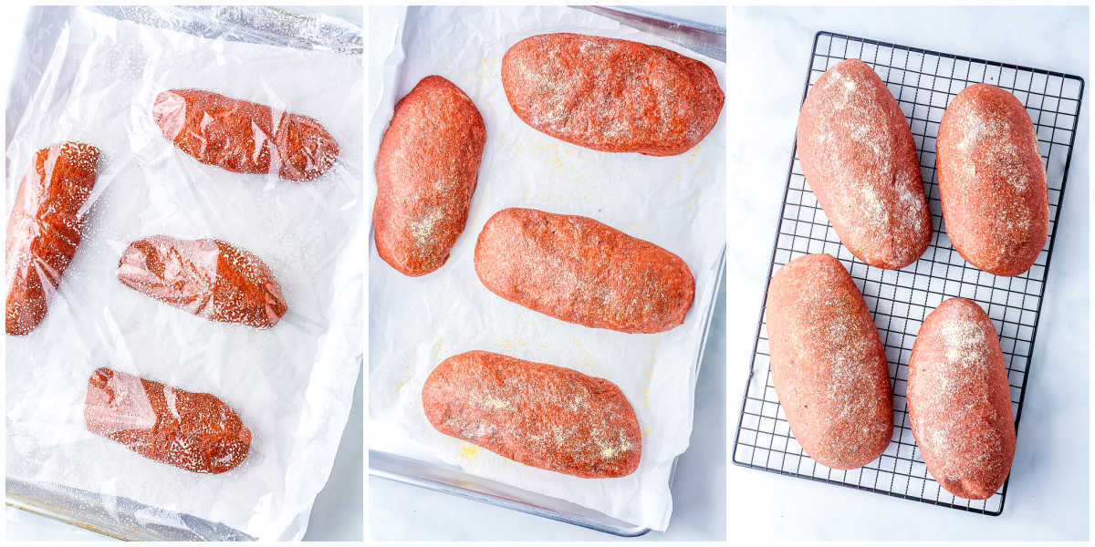 Step by step photos showing shaped Outback bread loaves covered for proofing, dusted with cornmeal, and cooling after baking.