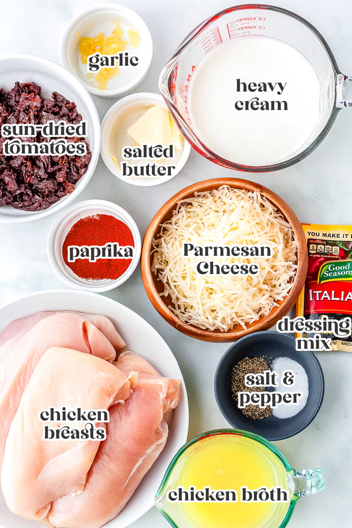 Ingredients for Crockpot Marry Me Chicken including chicken breasts, heavy cream, Parmesan cheese, sun-dried tomatoes, chicken broth, garlic, butter, Italian dressing mix, paprika, salt, and pepper.