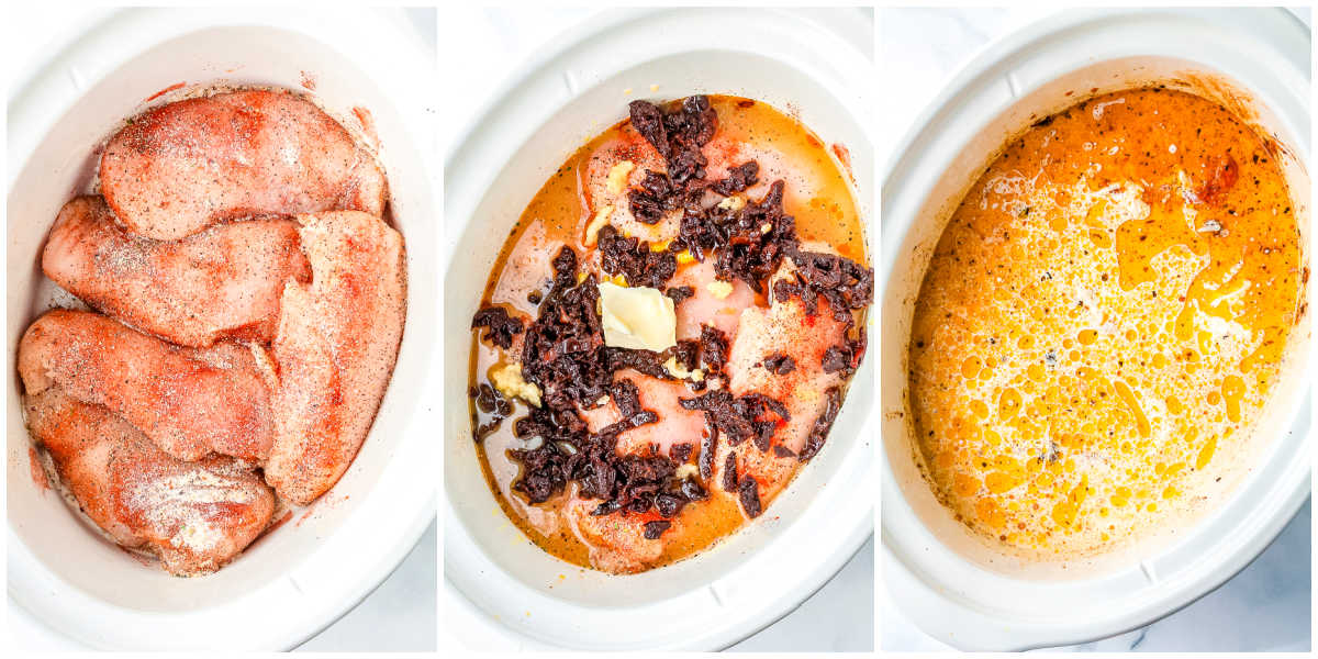 Step-by-step photos showing seasoned chicken in a slow cooker, adding broth, butter, garlic, and sun-dried tomatoes, followed by the cooked chicken before adding the cream sauce.