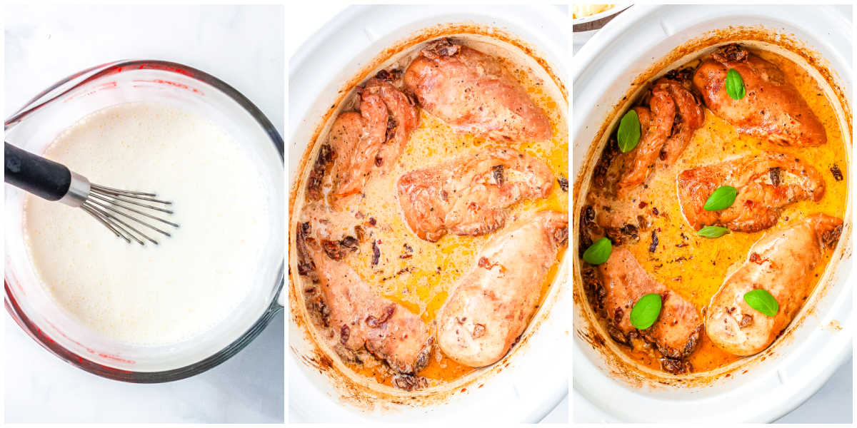 Step-by-step photos showing heavy cream and Parmesan whisked together, stirred into slow-cooker chicken, and the finished creamy Crockpot Marry Me Chicken.