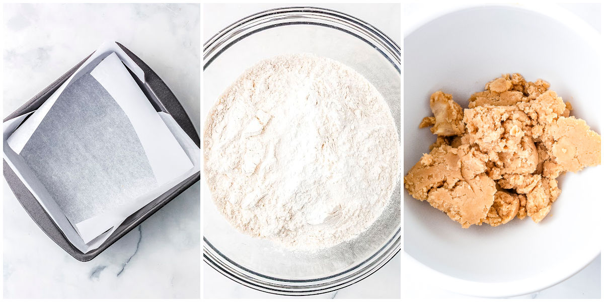 A side-by-side collage showing an empty parchment-lined metal baking pan, a glass bowl of mixed dry ingredients, and butter and sugar creamed together in a white mixing bowl.
