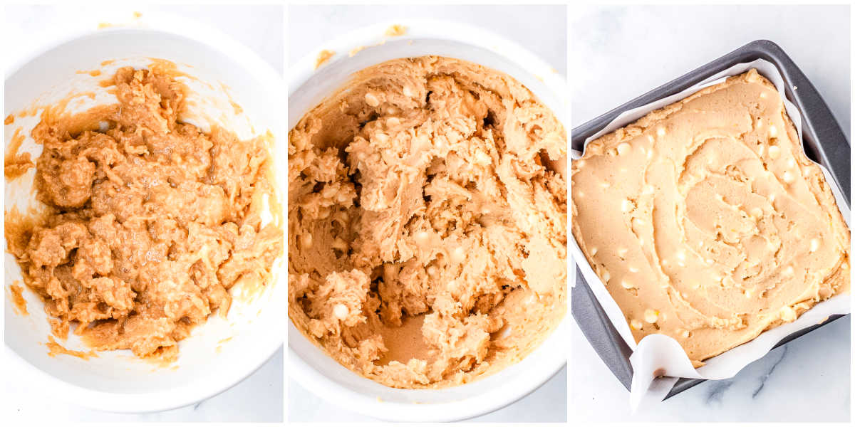 A side-by-side collage showing wet batter being mixed in a bowl, white chocolate chips folded into the thick dough, and the batter pressed evenly into a square baking pan.