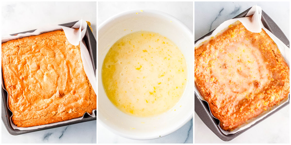 A side-by-side collage showing a pan of baked blondies, a white bowl filled with liquid lemon glaze, and the sweet glaze poured over the baked dessert in the pan.
