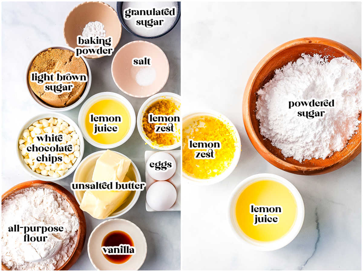 A flat lay of labeled ingredients needed to make lemon blondies, showing flour, sugars, butter, eggs, lemon juice, lemon zest, white chocolate chips, and powdered sugar.