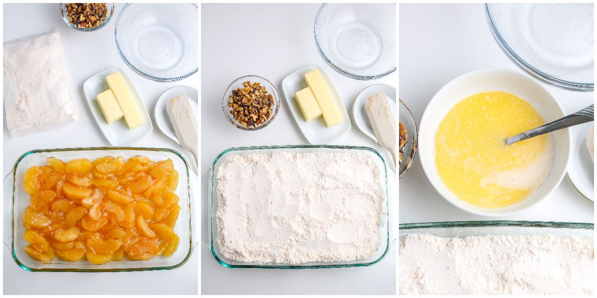 A side-by-side collage showing apple pie filling spread in a glass baking dish, dry cake mix sprinkled over the fruit, and a bowl of melted butter ready to be poured.