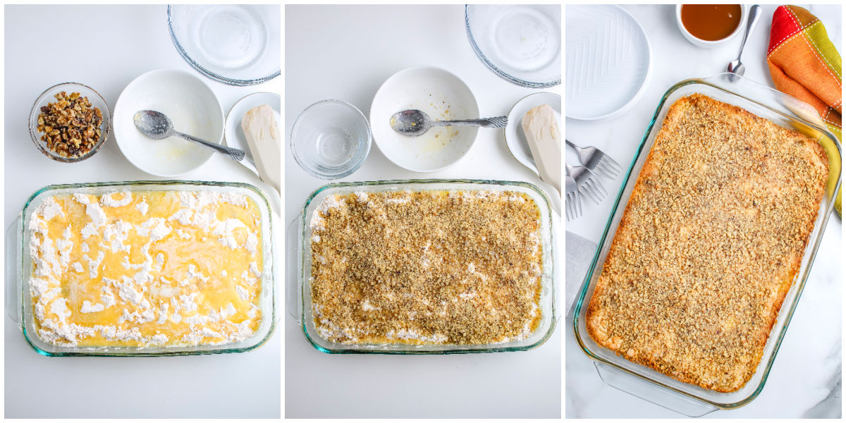 A side-by-side collage showing melted butter poured over dry cake mix, chopped pecans sprinkled on top, and the finished golden brown baked apple dump cake in a glass dish.