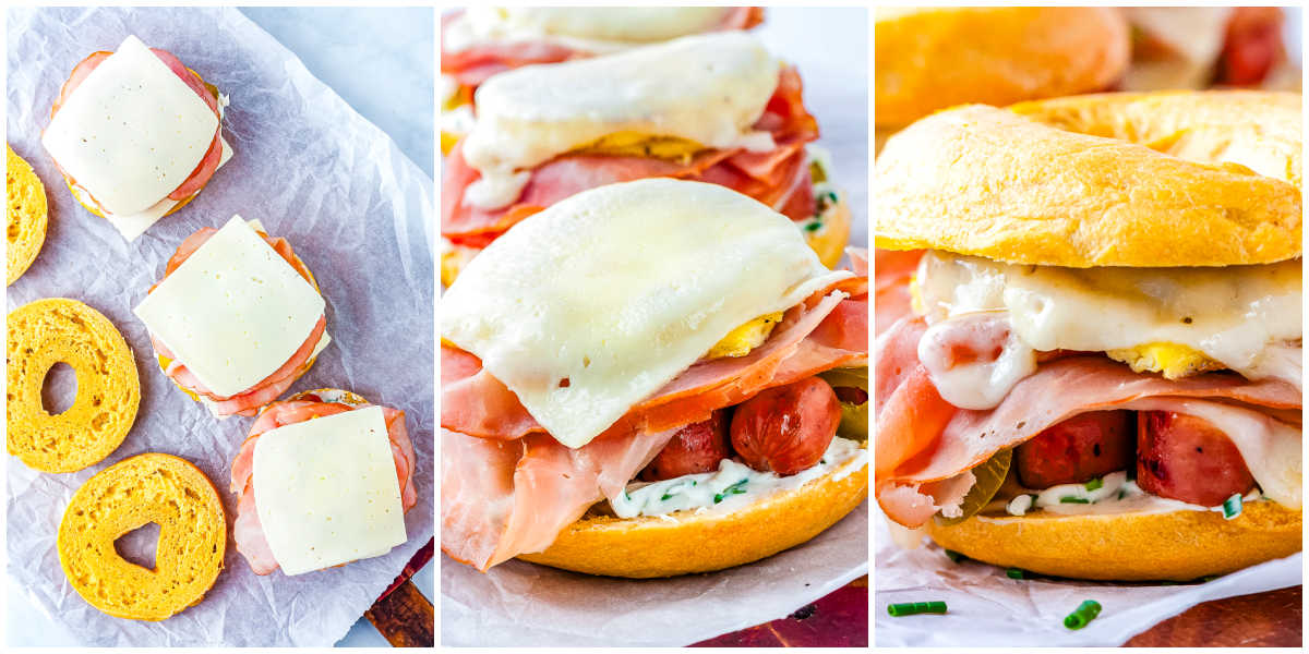 A side-by-side collage showing slices of cheese placed over honey ham on a bagel, the assembled sandwich with melted cheese, and the final sandwich completed with the top half of the egg bagel.