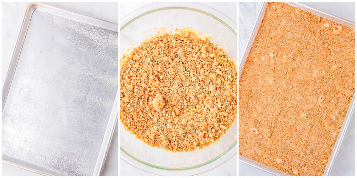 A three-panel collage showing an empty metal baking pan and a glass bowl filled with a crushed graham cracker mixture. The third panel shows the graham cracker crust pressed evenly into the bottom of the metal pan.