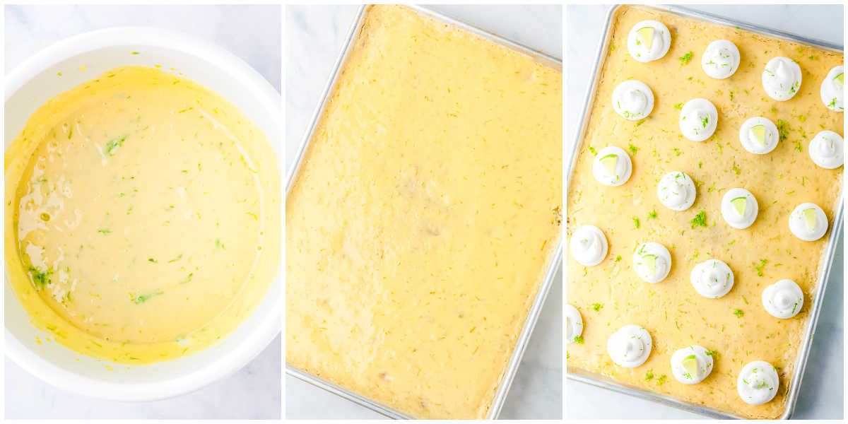 A three-panel collage showing liquid key lime filling in a white bowl and the filling spread over a graham cracker crust in a metal pan. The final panel shows the finished pie topped with dollops of whipped cream and lime wedges.