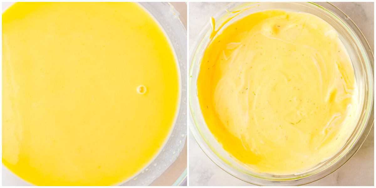 A side-by-side collage showing a smooth yellow pudding mixture in a glass bowl on the left and the same mixture folded with whipped cream on the right.