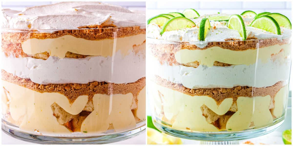 A side-by-side collage presenting the repeated layers of pound cake, lime filling, graham cracker crumbs, and whipped cream inside a glass bowl. The final panel features the assembled dessert garnished with fresh lime slices and green zest.