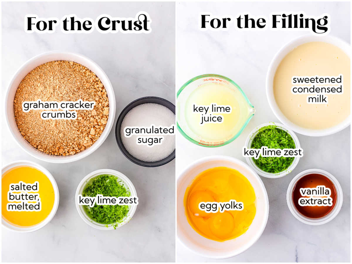 A flat lay showing labeled ingredients separated into crust and filling categories. The ingredients include graham cracker crumbs, granulated sugar, melted salted butter, key lime zest, key lime juice, sweetened condensed milk, egg yolks, and vanilla extract.