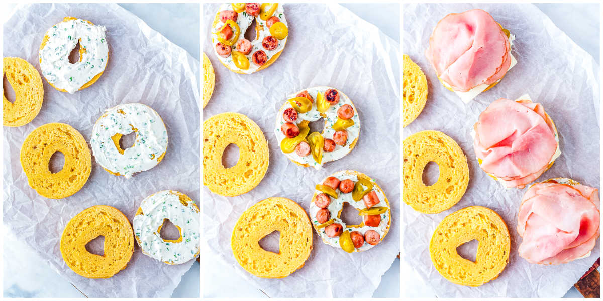 A side-by-side collage showing chive cream cheese spread onto halved egg bagels, chopped sausage and jalapeños added on top, and folded slices of honey ham layered over the bottom half.