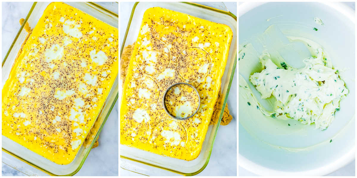 A side-by-side collage showing baked eggs in a glass dish, a metal biscuit cutter cutting circles out of the cooked eggs, and a bowl of mixed chive cream cheese.