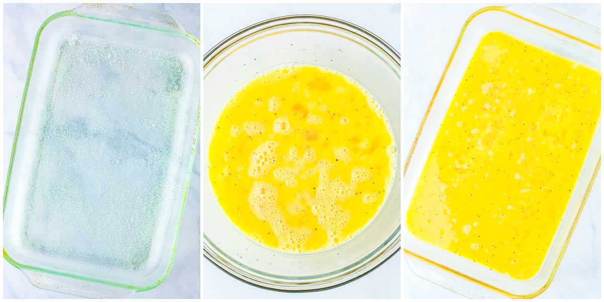 A side-by-side collage showing an empty greased glass baking dish, a bowl of whisked raw eggs, and the raw egg mixture poured into the greased baking dish.