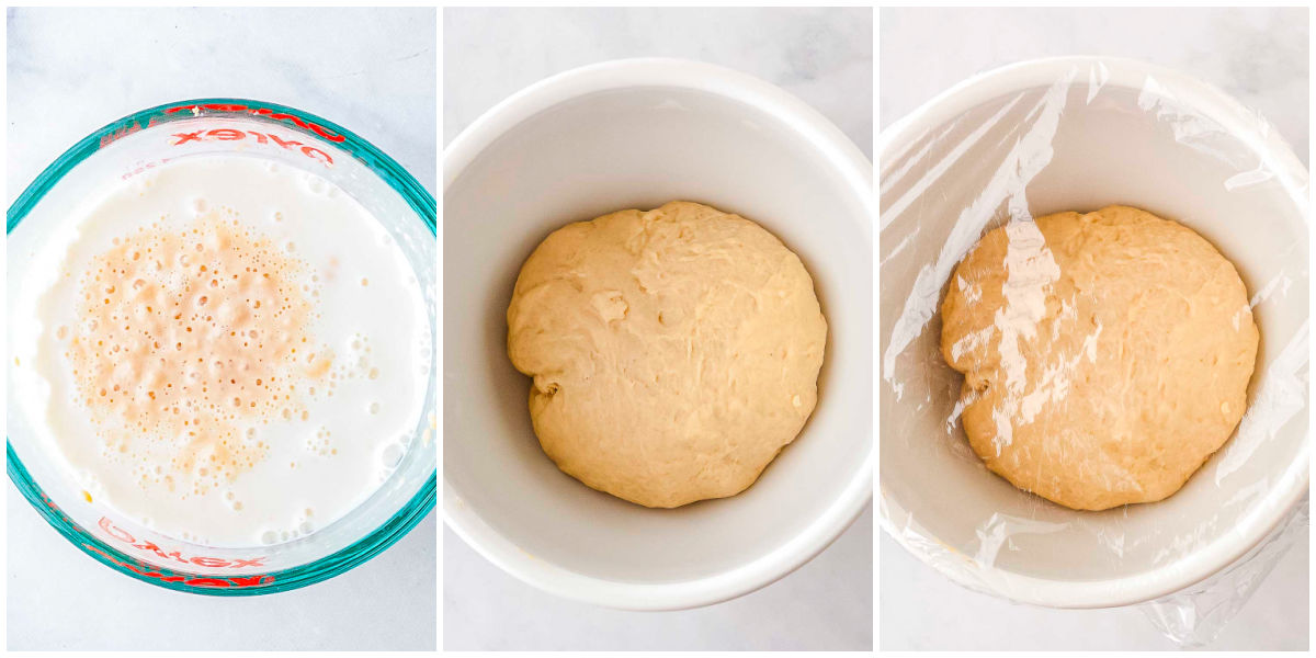 A three-panel side-by-side collage showing frothy yeast activated in warm milk, a smooth kneaded ball of dough in a white bowl, and the same bowl covered with plastic wrap for the dough to rise.
