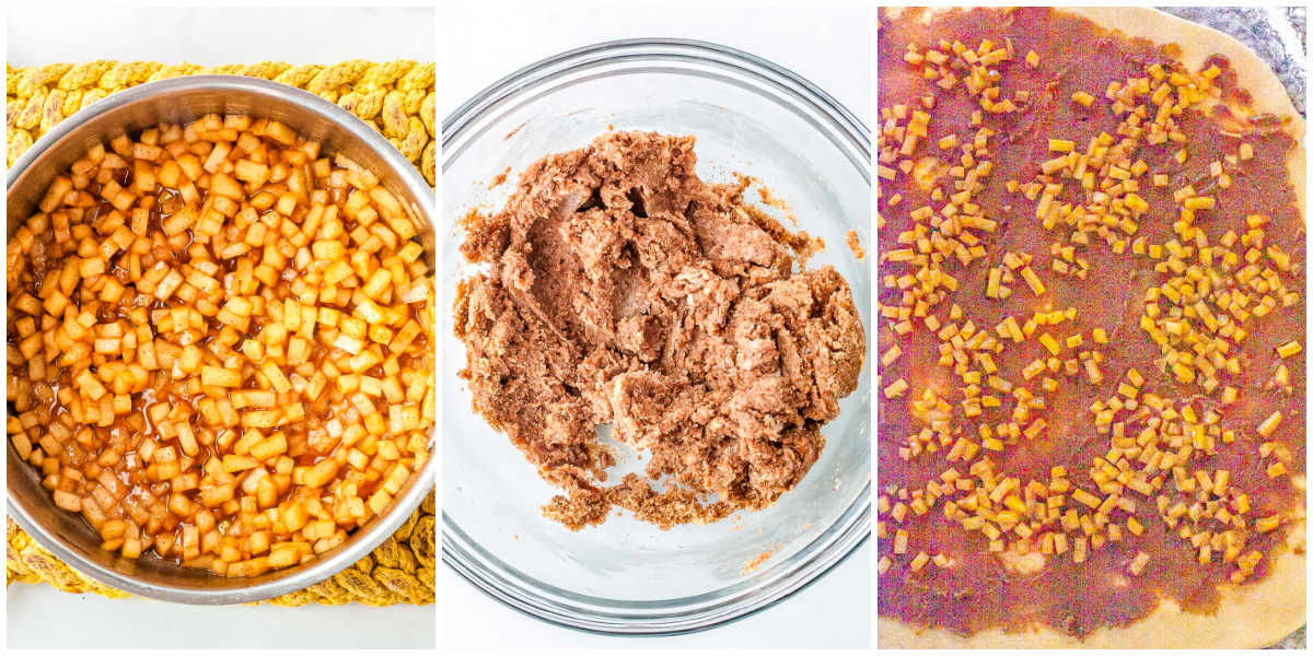 A three-panel side-by-side collage showing diced apples cooking in a metal skillet, a bowl of mixed brown sugar and butter paste, and the rolled-out rectangular dough covered with the brown sugar spread and cooked apples.