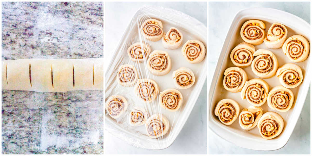 A three-panel side-by-side collage showing a long log of filled dough being cut into slices, the individual unbaked rolls placed in a white baking dish covered with plastic wrap, and the unbaked rolls expanded after their second rise.