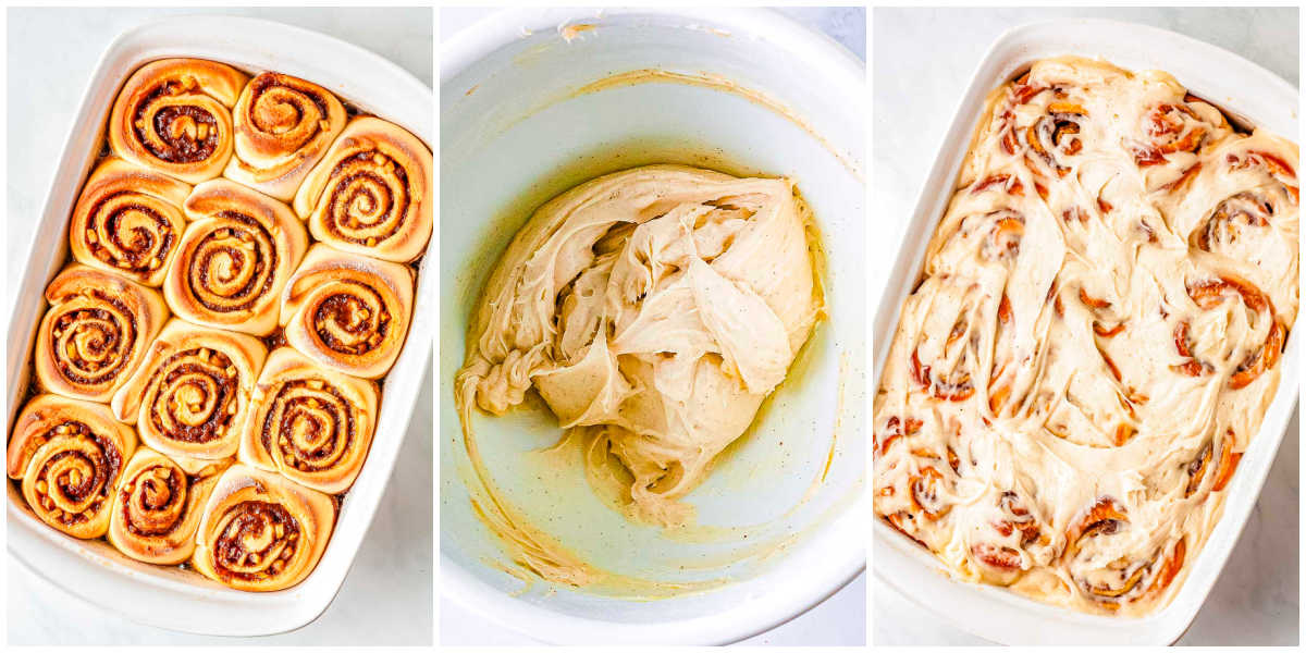 A three-panel side-by-side collage showing baked golden brown apple cinnamon rolls in a white pan, a bowl of smooth cream cheese icing, and the finished pan of baked rolls covered completely with the icing.