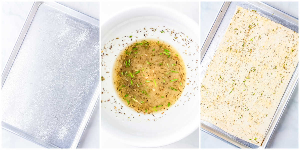 A three-panel side-by-side collage showing an empty greased baking sheet, a white bowl of melted butter mixed with herbs, and a full sheet of puff pastry brushed with the herb butter resting on the baking sheet.