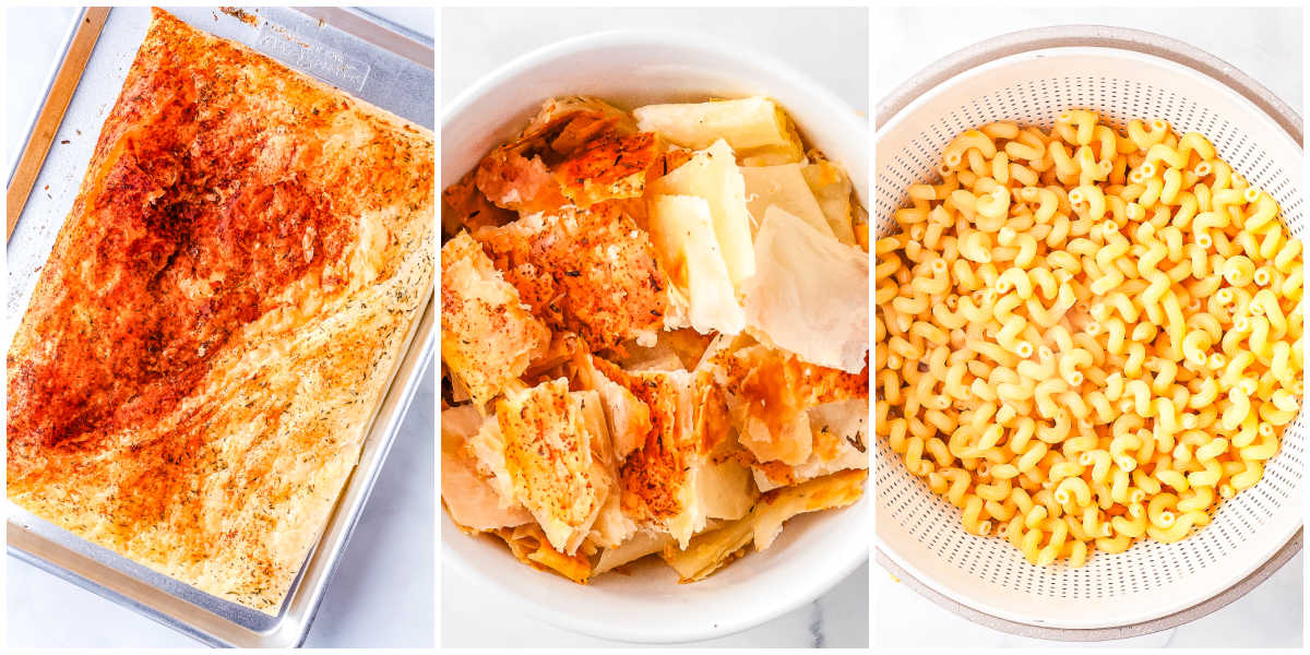 A three-panel side-by-side collage showing a baked sheet of golden puff pastry, the cooled pastry broken into crouton-sized pieces in a white bowl, and cooked cavatappi pasta draining in a colander.