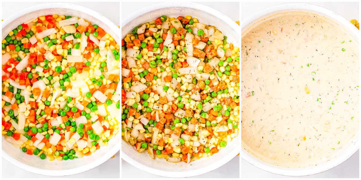 A three-panel side-by-side collage showing frozen mixed vegetables and onions cooking in a large white saucepan, the vegetables coated with dry herbs and flour, and the mixture simmering after adding chicken broth and heavy cream.