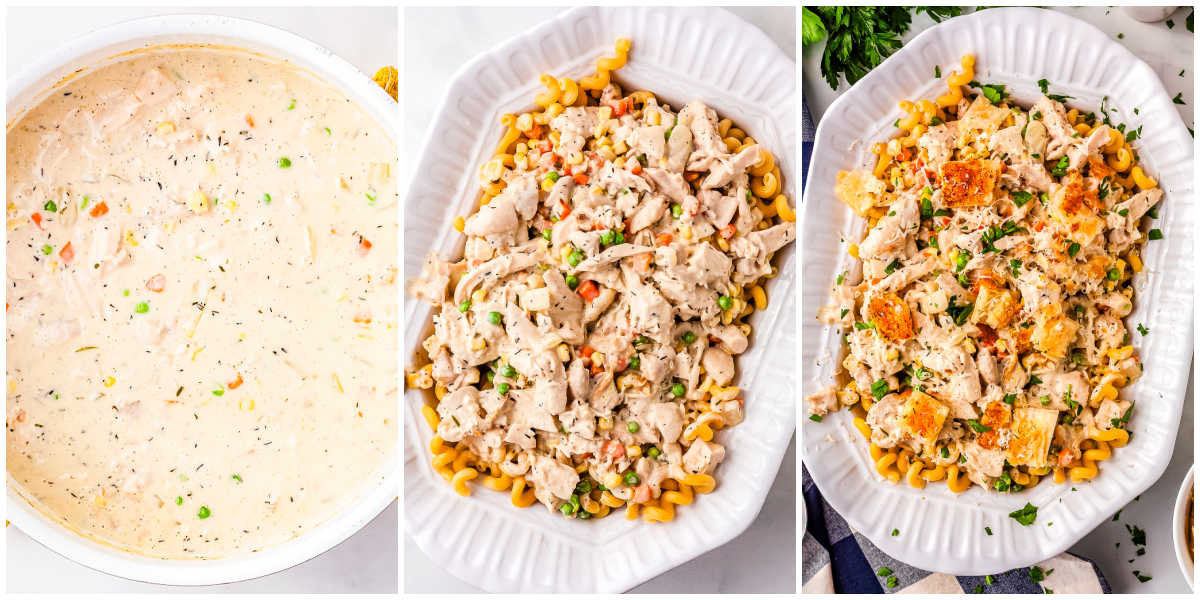 A three-panel side-by-side collage showing shredded chicken stirred into a creamy vegetable sauce, the thick sauce poured over cooked cavatappi pasta on a white serving platter, and the final dish garnished with puff pastry croutons and fresh parsley.