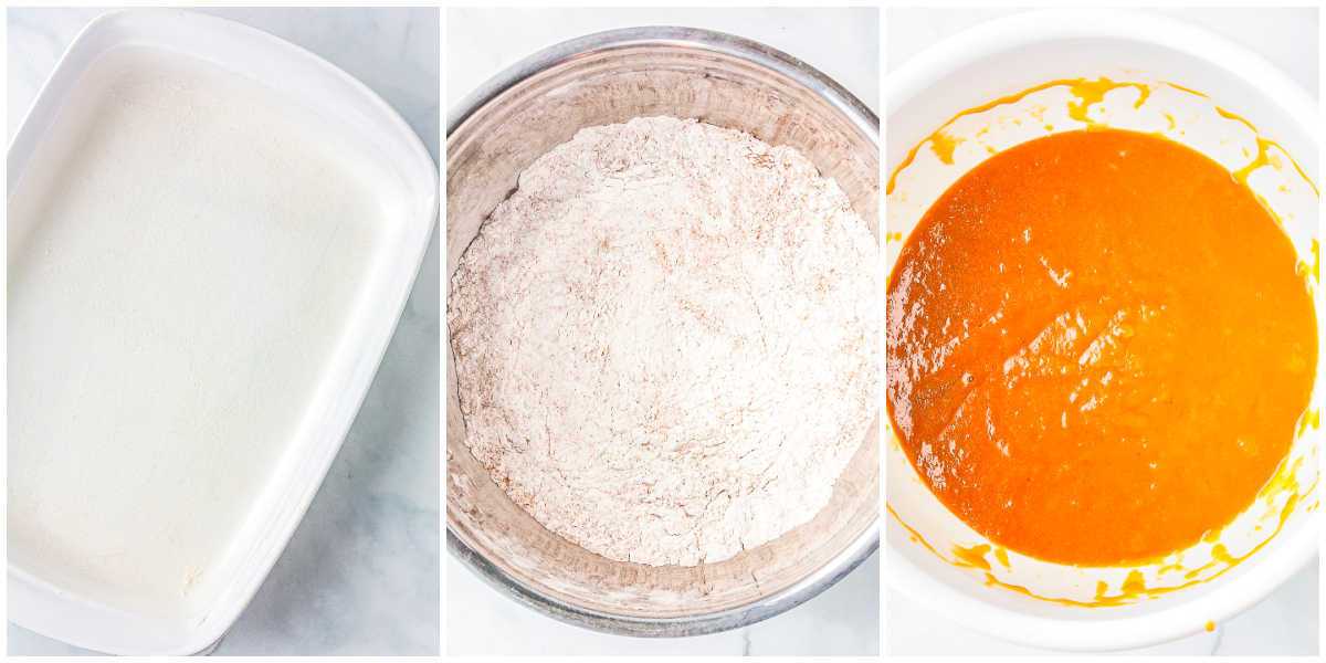 A three-panel collage showing an empty greased baking dish, a metal bowl of whisked dry flour and spices, and a white bowl of smooth orange wet pumpkin ingredients.