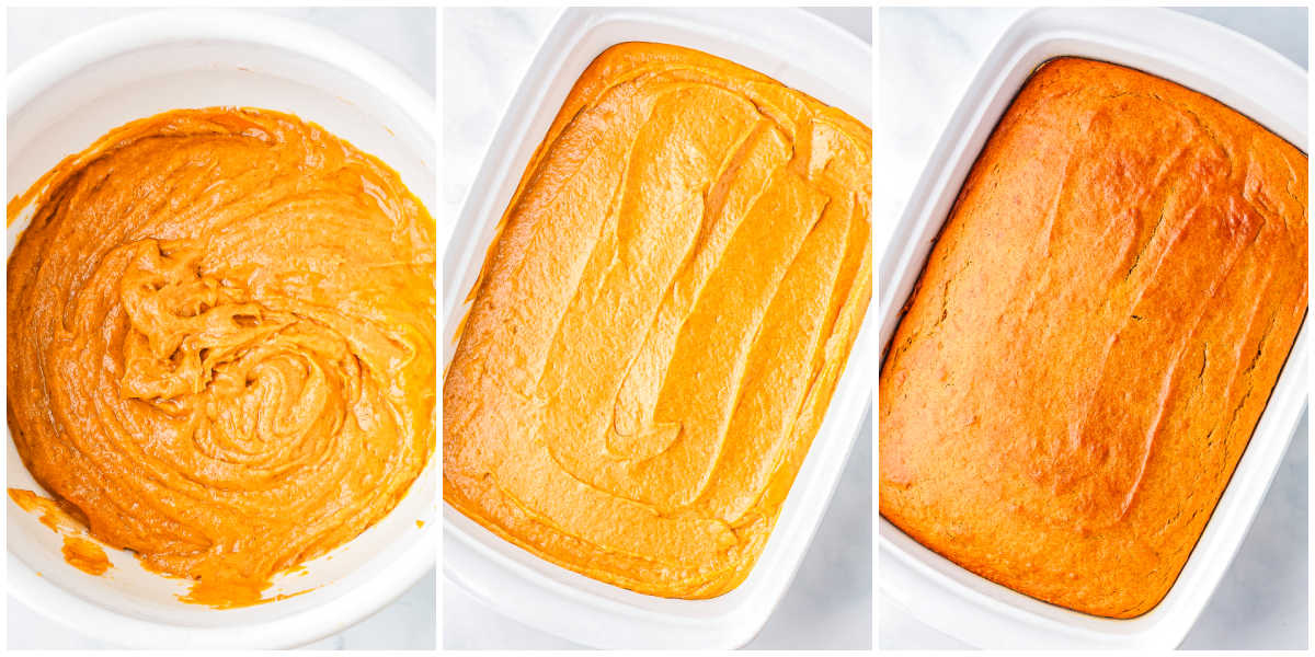 A three-panel collage showing thick pumpkin batter in a white bowl, the unbaked batter spread evenly in a rectangular baking dish, and the final baked golden-brown pumpkin cake.