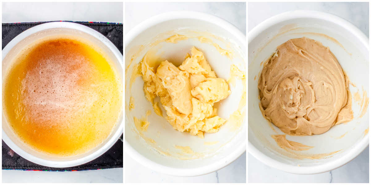 A three-panel collage showing golden browned butter in a small saucepan, softened cream cheese being beaten in a white bowl, and the finished smooth browned butter cream cheese frosting.