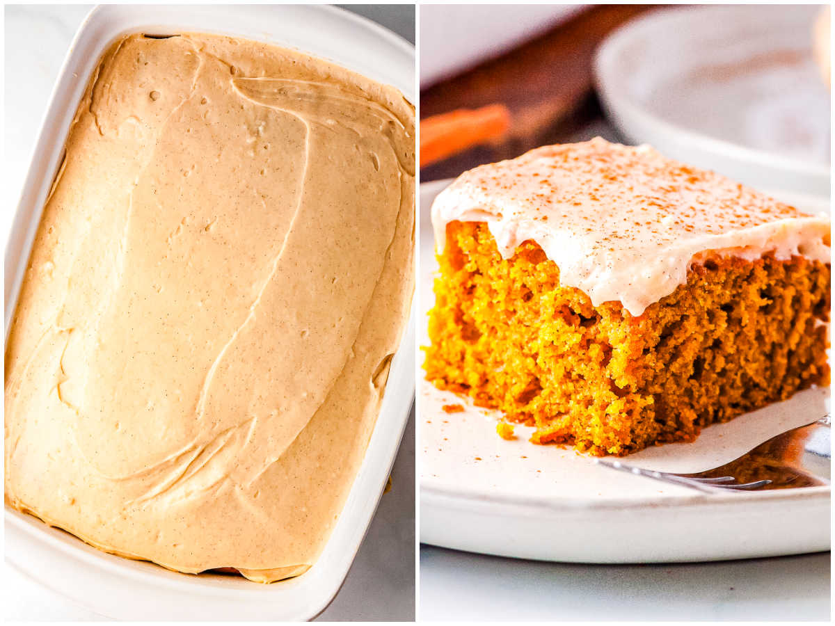 A two-panel side-by-side collage showing a full rectangular pumpkin cake covered in smooth cream cheese frosting, and a single plated slice revealing the moist crumb inside.