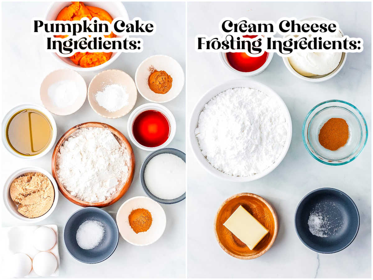 A split flat lay showing labeled ingredients. The left side displays pumpkin cake ingredients including pumpkin puree, flour, sugars, olive oil, and eggs. The right side shows cream cheese frosting ingredients including powdered sugar, cream cheese, butter, and vanilla.