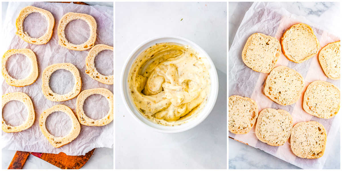 A three-panel process collage showing circular cut bread rings on the left, garlic herb mayonnaise mixed in a bowl in the center, and bread slices coated with seasoned mayonnaise on the right.