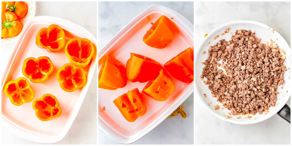 A three-panel process collage showing cored bell pepper halves in a baking dish on the left, carved jack-o'-lantern bell peppers in the center, and browned ground beef cooking with onions in a white skillet on the right.