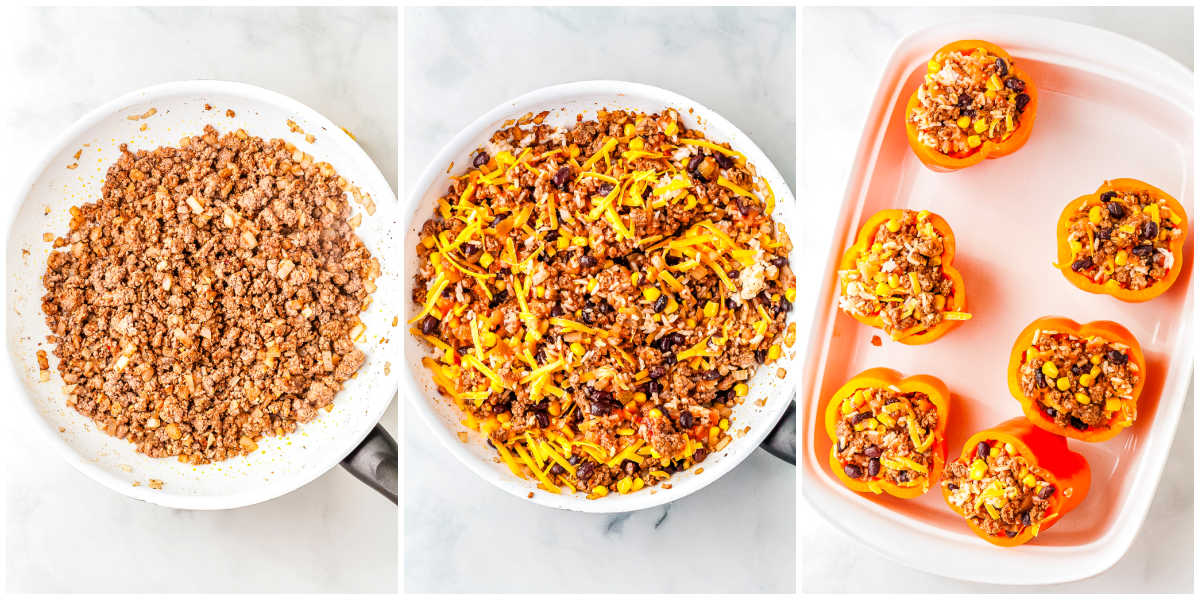 A three-panel collage displaying seasoned taco beef in a skillet on the left, beef mixed with black beans, corn, rice, and shredded cheese in the center, and carved bell peppers filled in a baking dish on the right.