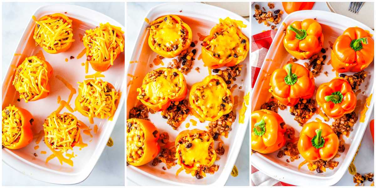 A three-panel collage showing stuffed bell peppers topped with shredded cheddar on the left, melted cheese over the baked filling in the center, and finished peppers with their stem caps replaced on the right.