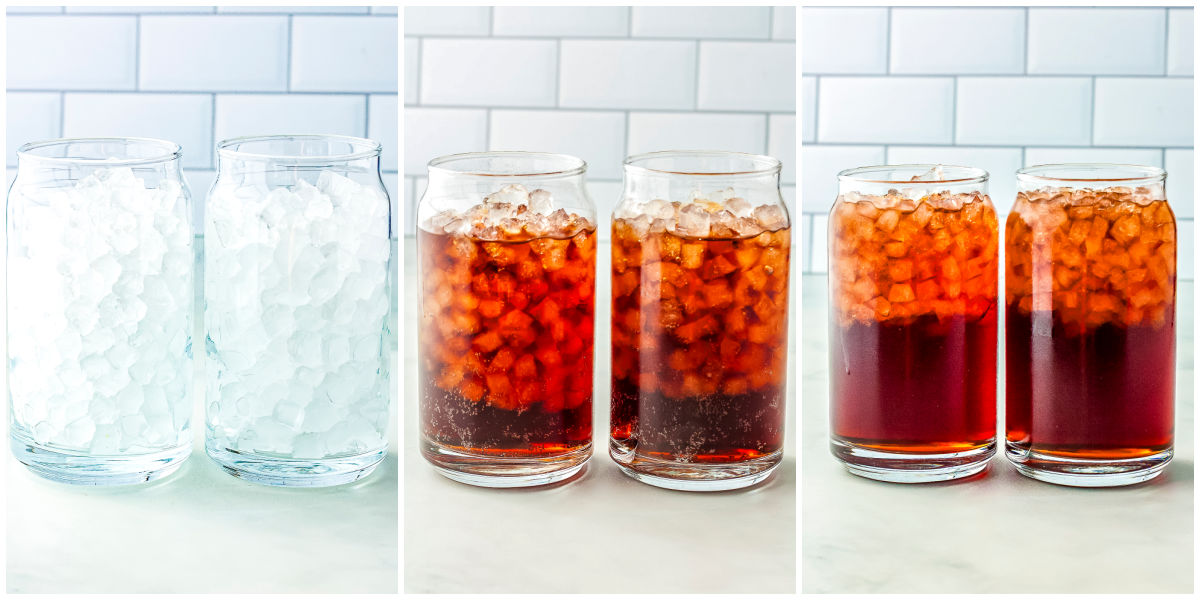 A three-panel collage demonstrating dirty soda preparation, showing two can-shaped glasses filled with nugget ice on the left, dark Dr Pepper poured over the ice in the middle, and flavored syrups added to the soda on the right.