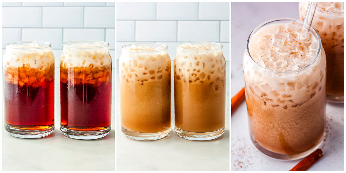 A three-panel collage showing half-and-half poured over dirty Dr Pepper on the left, the drinks gently stirred into a creamy caramel color in the center, and a finished drink dusted with spice on the right.