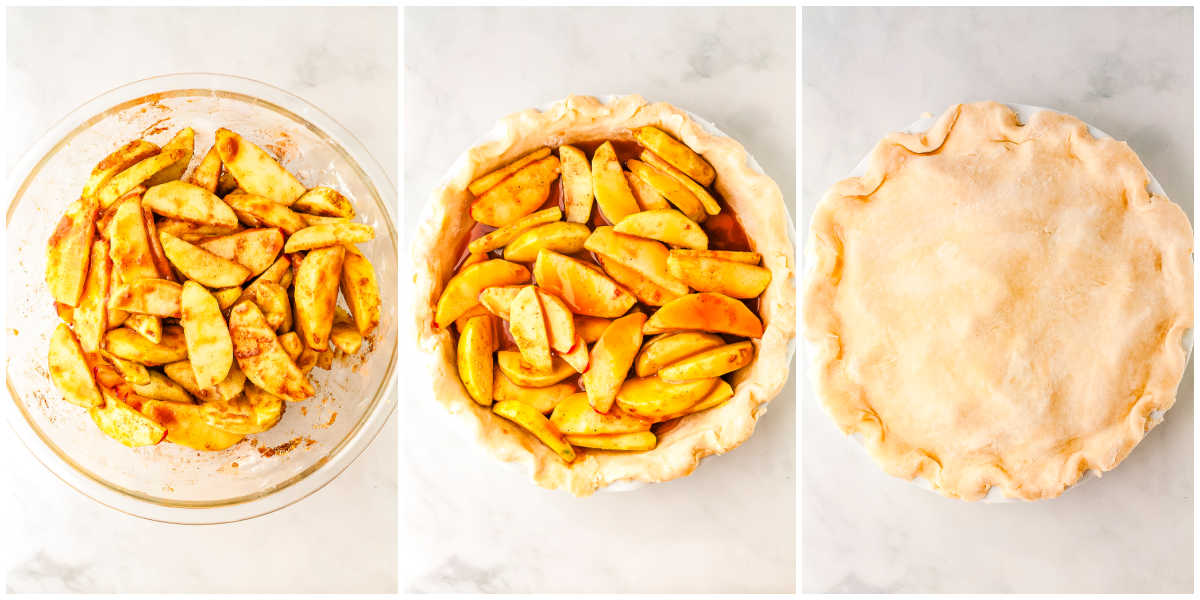 A three-panel process collage showing sliced apples mixed with spices on the left, apples layered with caramel sauce in the crust in the center, and top crust placed over the fruit on the right.