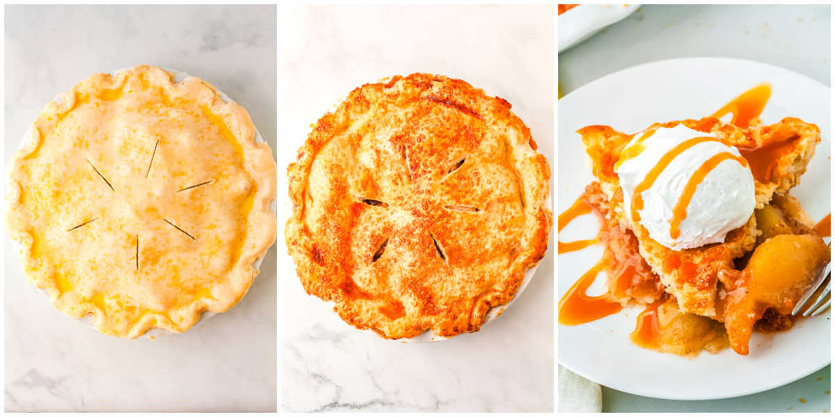 A three-panel process collage showing vented unbaked pie on the left, baked golden pie in the center, and a plated slice topped with whipped cream on the right.