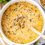 Overhead view of a large pot of creamy white chicken chili filled with shredded chicken, white beans, corn, and green chiles, with a ladle resting in the center.