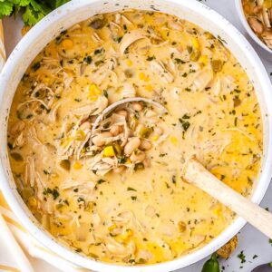Overhead view of a large pot of creamy white chicken chili filled with shredded chicken, white beans, corn, and green chiles, with a ladle resting in the center.