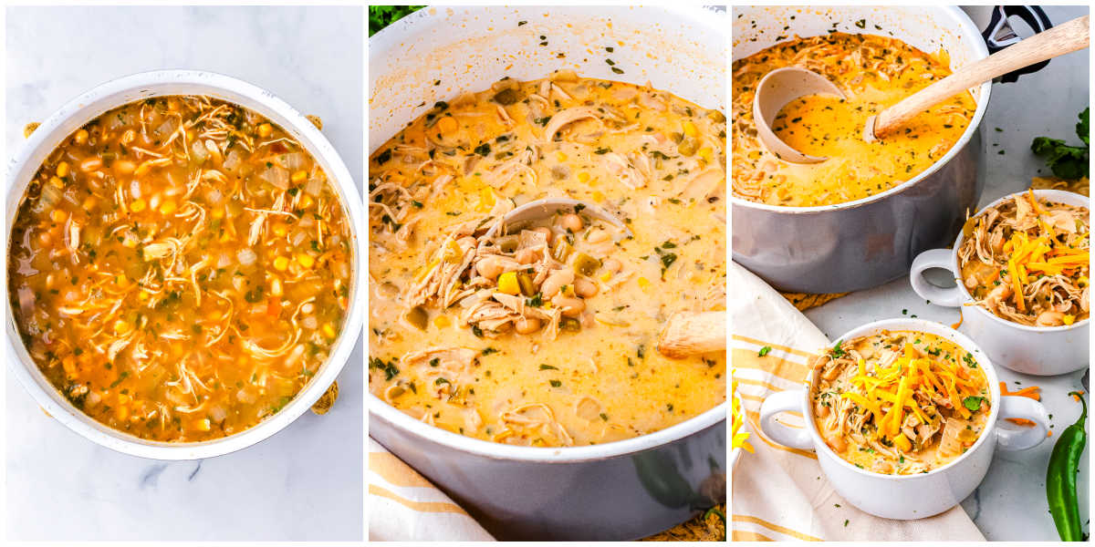 Three photos showing white chicken chili simmering in a pot, the addition of creamy ingredients, and finished chili served in bowls with shredded cheddar cheese.