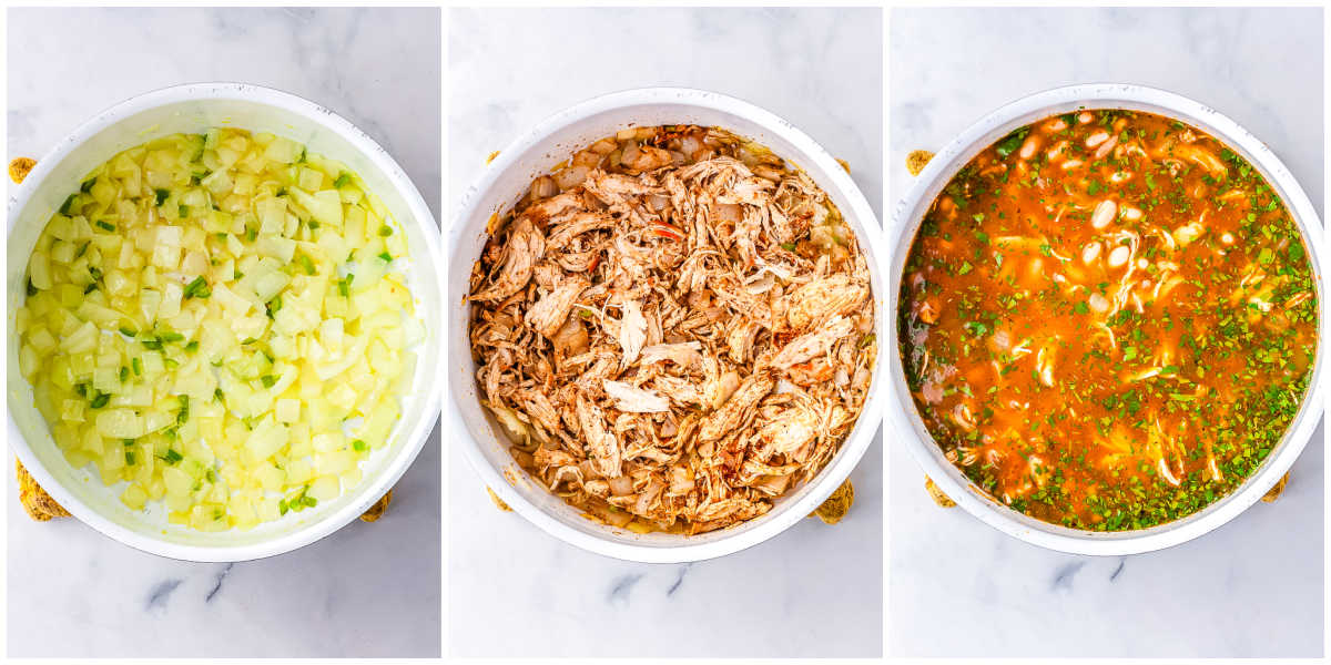 Three overhead photos showing sautéed onions and jalapeños, seasoned shredded chicken, and chicken broth with white beans and cilantro in a pot.