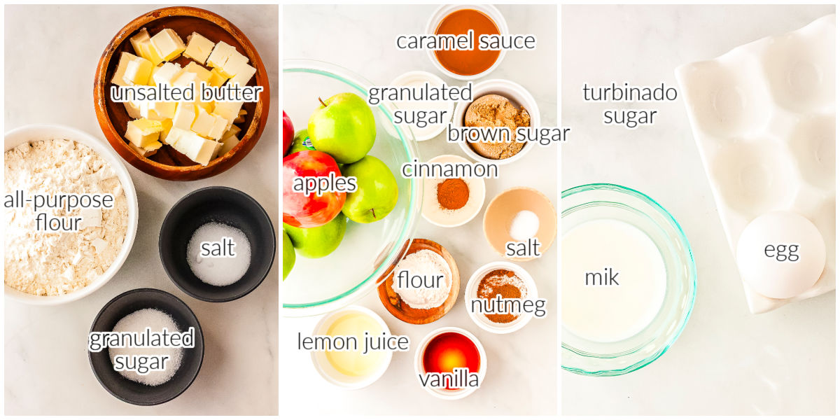 A three-panel flat lay showing labeled ingredients for pie crust on the left, spiced apple filling in the center, and egg wash topping on the right.